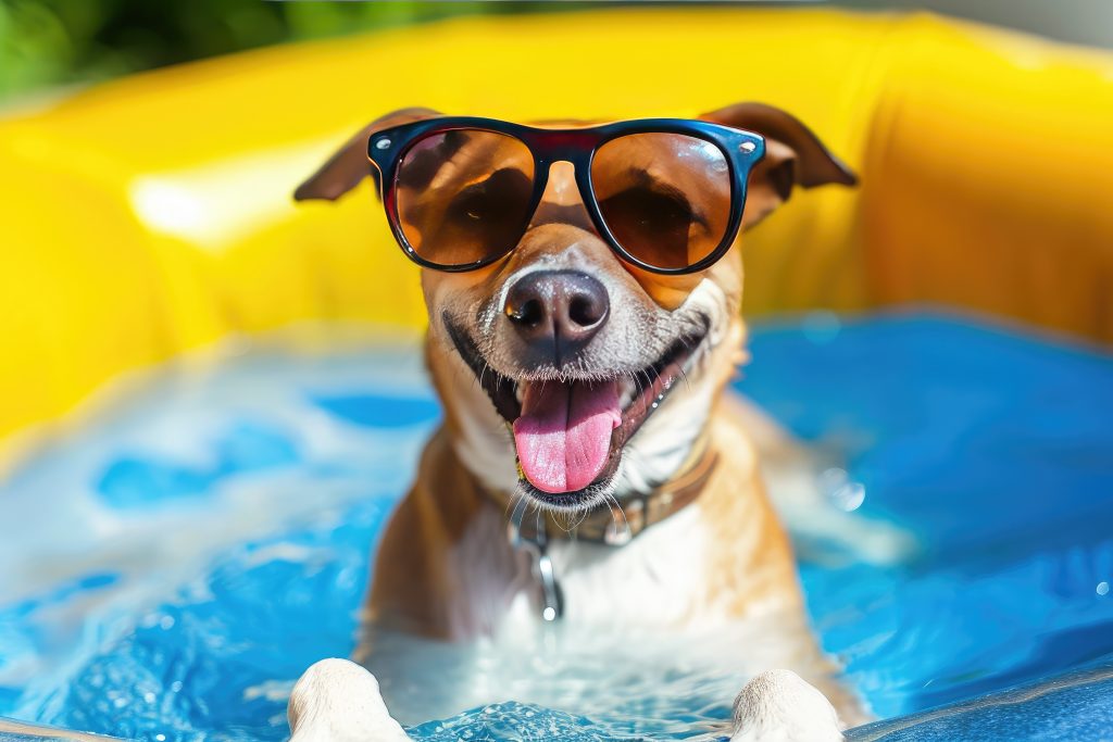 A imagem mostra um cachorro feliz com óculos escuros, curtindo o verão pet na piscina.