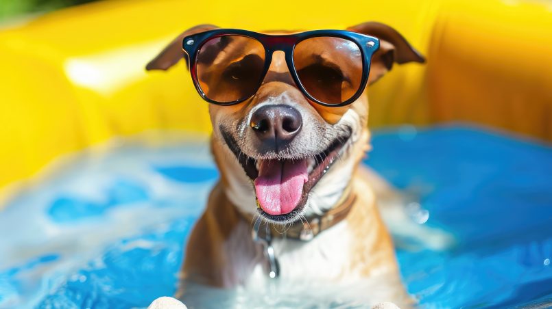 A imagem mostra um cachorro feliz com óculos escuros, curtindo o verão pet na piscina.